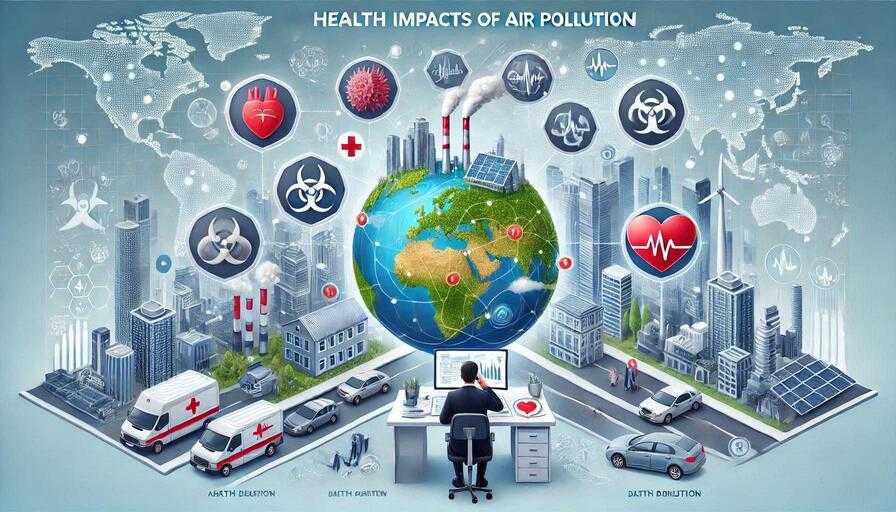 Medical infographic showing health impacts of air pollution on respiratory and cardiovascular health