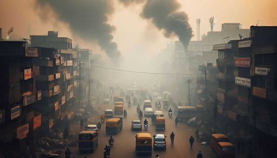 Heavy smog in Delhi streets showing severe air pollution